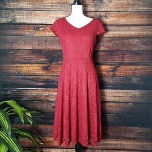 Bery Love Dress M Red Lace Midi Cap Sleeve Zip Back